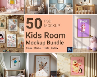 Kids Room Frame Mockup Bundle: Nursery Poster Mockup Pack with Toys, Cribs & Cozy Interiors
