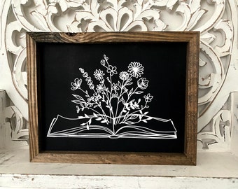 Botanical Flowers Book, Wood Sign, Boho Decor, Book Worm, Niche Gift, Housewarming, Small Gift, Black Sign, Book Lover,Library Decor