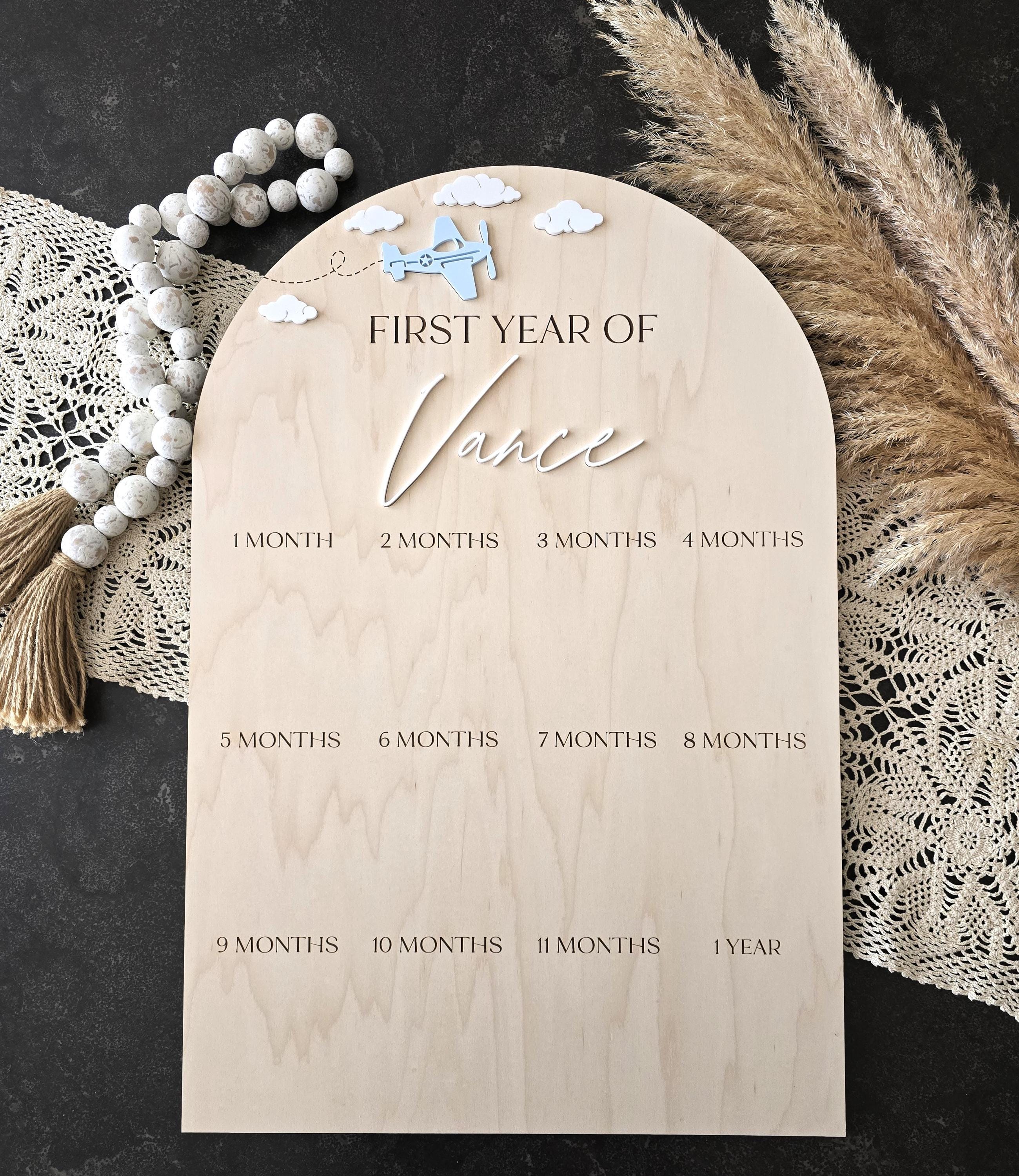 Time Flies Theme First Birthday Photo Board,First Year Photo Sign, Airplane Clouds, Boy One Year Board, Personalized Acrylic Milestone Board