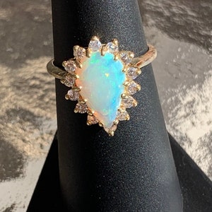 Vintage Genuine Opal CZ Ring, Gold Plated Pure Silver Band, Size 6 1/2, Pear Opal, October Birthstone, Colorful Opal, Multi CZ Stones