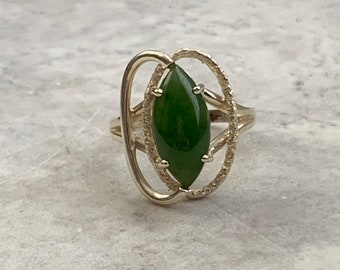 Vintage Genuine Jade Ring, Gold Plated Pure Silver Ring, Size 6 1/4, Marquise Jade Ring, Mid Century Style