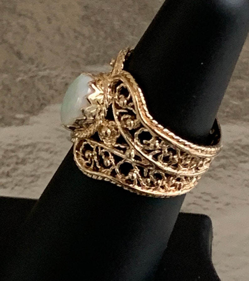 October Birthstone Gold Plated Pure Silver Band 1970\u2019s Colorful Stone Victorian Size 6 Vintage Genuine Opal Filigree Ring 1980\u2019s