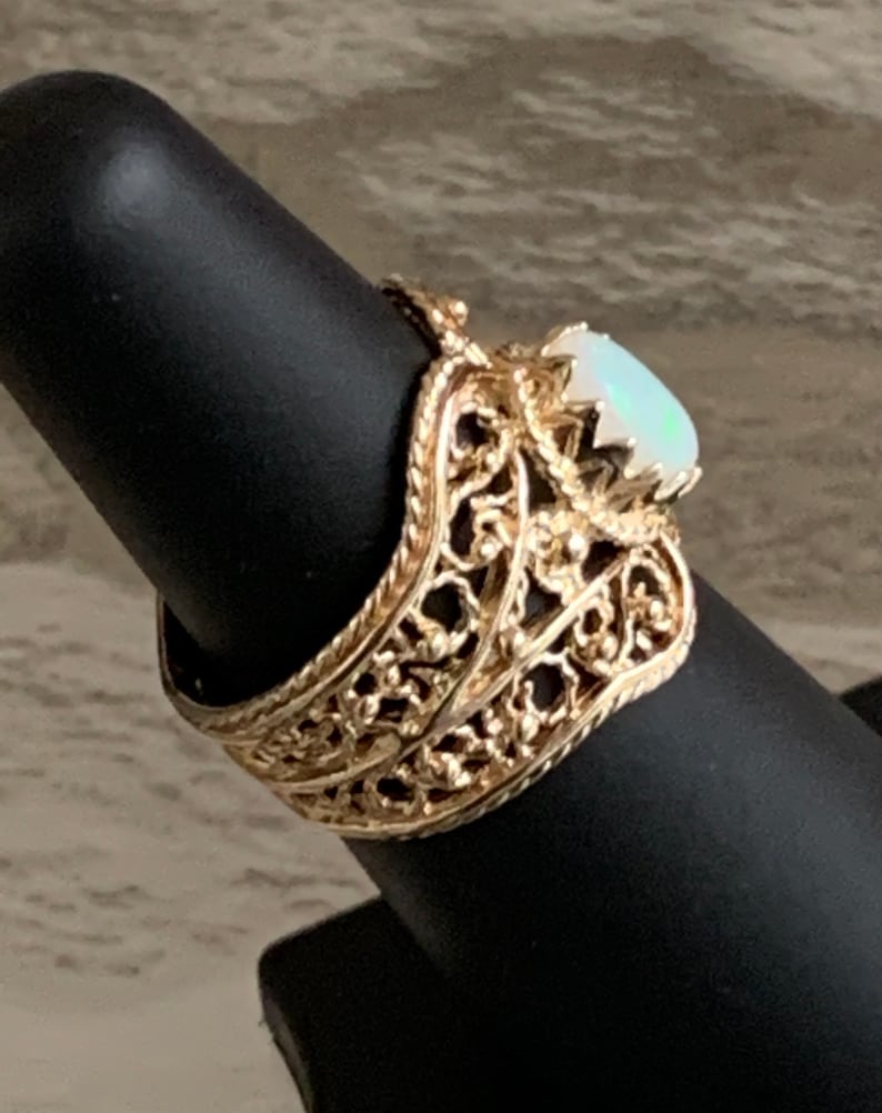 October Birthstone Gold Plated Pure Silver Band 1970\u2019s Colorful Stone Victorian Size 6 Vintage Genuine Opal Filigree Ring 1980\u2019s