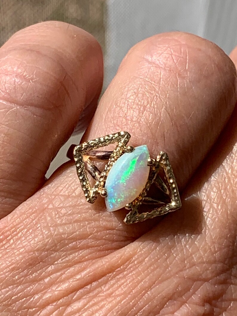 Mid Century Style Ring Colorful Marquise Opal Size 5 14 Vintage Genuine Opal Gold Ring 10k Solid Yellow Gold Band and Setting