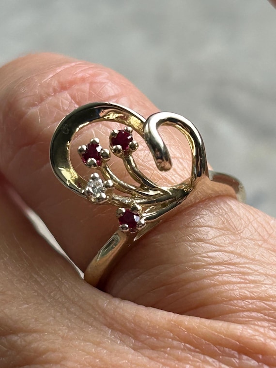 Vintage Ruby CZ Gold Ring: Simulated Rubies, July… - image 1