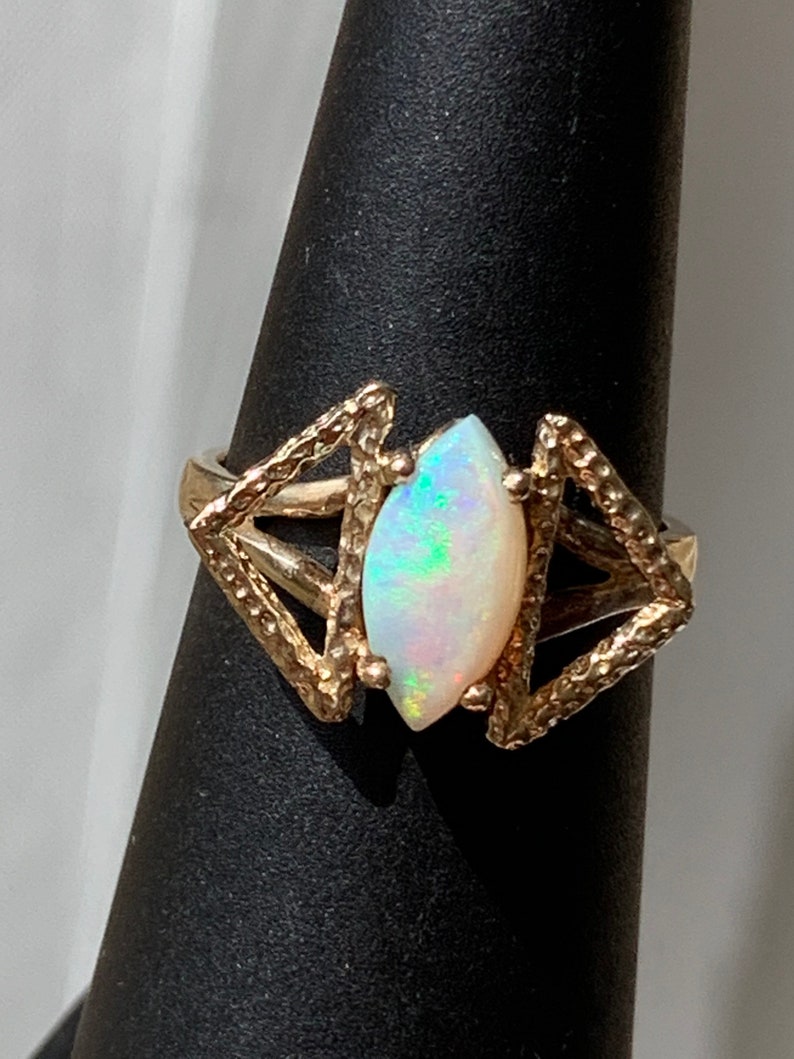 Mid Century Style Ring Colorful Marquise Opal Size 5 14 Vintage Genuine Opal Gold Ring 10k Solid Yellow Gold Band and Setting