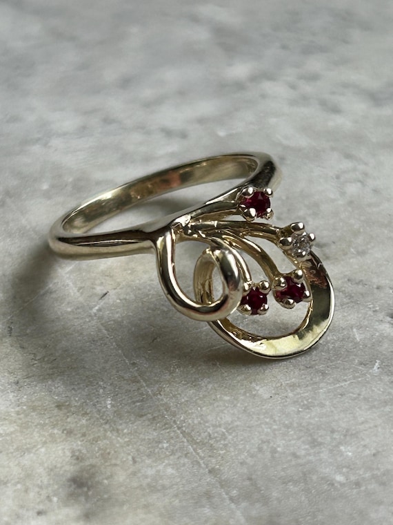 Vintage Ruby CZ Gold Ring: Simulated Rubies, July… - image 2