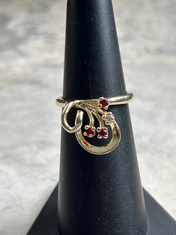 Vintage Ruby CZ Gold Ring: Simulated Rubies, July… - image 9