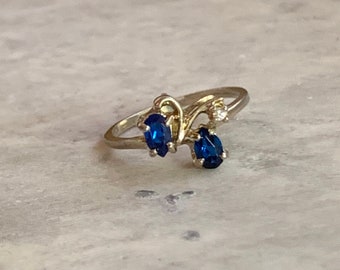 Vintage Gold Plated Sapphire Butterfly Ring: CZ Accent, Size 5.5