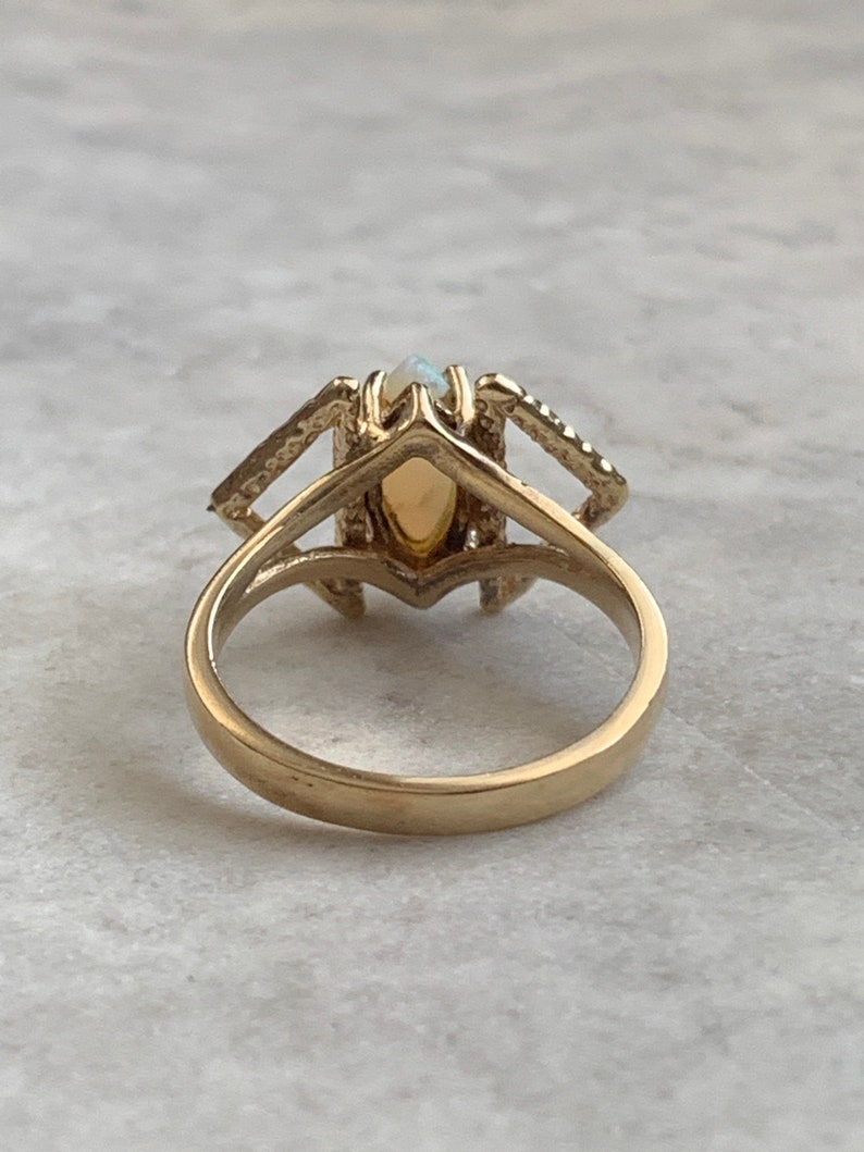 Mid Century Style Ring Colorful Marquise Opal Size 5 14 Vintage Genuine Opal Gold Ring 10k Solid Yellow Gold Band and Setting