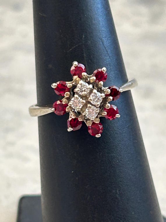 Vintage Ruby CZ Cluster Setting Gold Ring, Yellow… - image 1