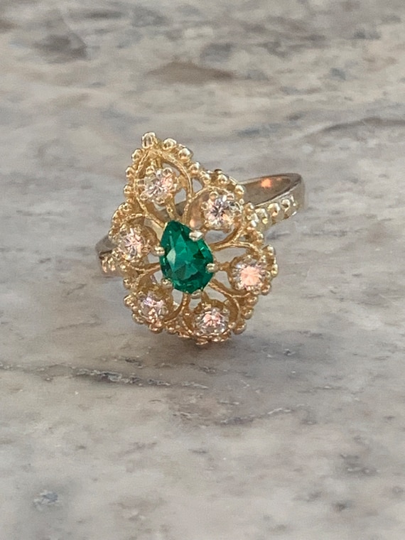 Vintage Emerald CZ Cocktail Ring, Pear Cut Emerald