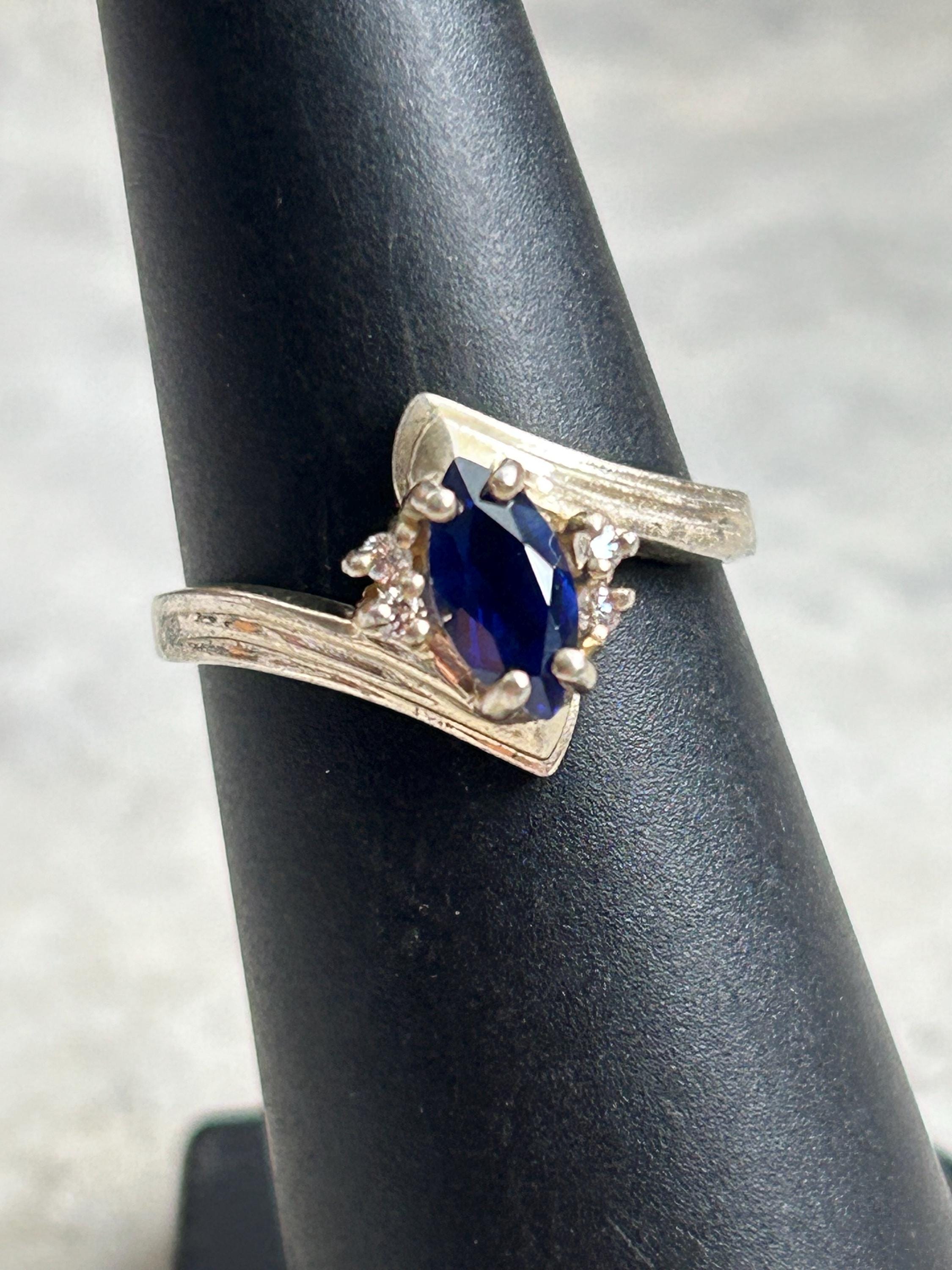 Vintage marquise Sapphire CZ ring, Marquise Simulated Sapphire CZ ring, Yellow gold plated sapphire CZ ring, 1980s sapphire cz gold ring