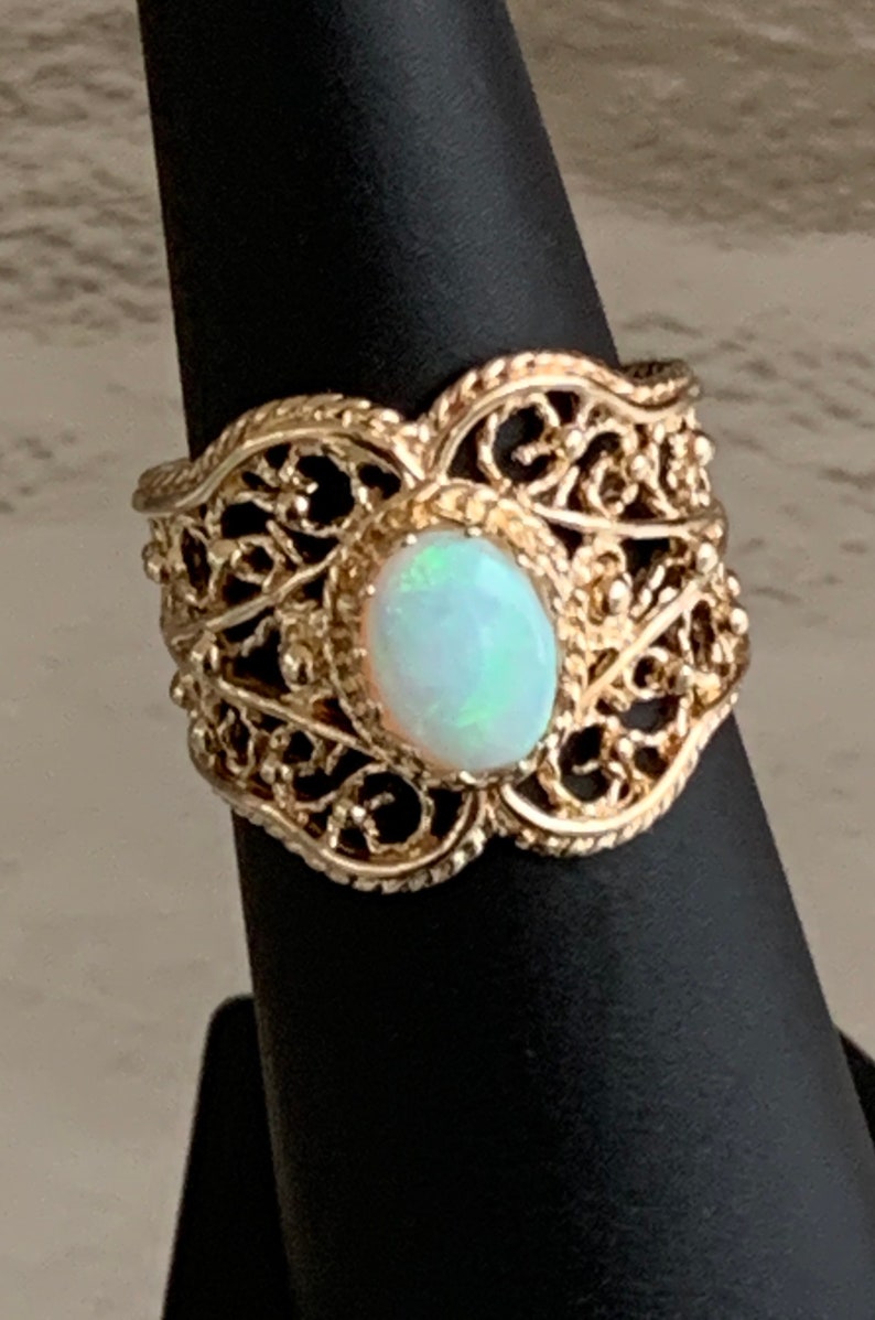 October Birthstone Gold Plated Pure Silver Band 1970\u2019s Colorful Stone Victorian Size 6 Vintage Genuine Opal Filigree Ring 1980\u2019s
