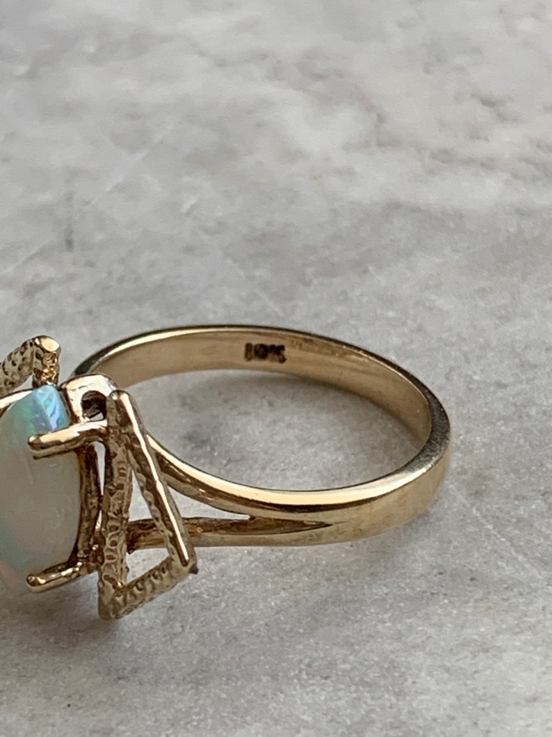 Mid Century Style Ring Colorful Marquise Opal Size 5 14 Vintage Genuine Opal Gold Ring 10k Solid Yellow Gold Band and Setting