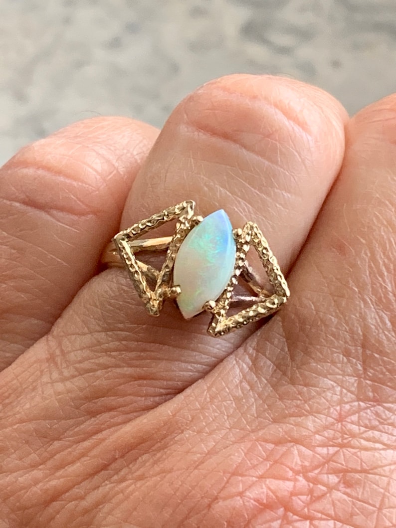 Mid Century Style Ring Colorful Marquise Opal Size 5 14 Vintage Genuine Opal Gold Ring 10k Solid Yellow Gold Band and Setting