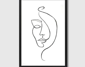 Painted face line drawing original artwork A3 in black and white