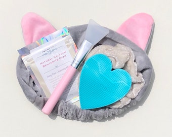 Spa Facial Kit - Kitty Cat Headband and Deep Pore Cleansing Clay Mask, Blue Face Scrubber, Applicator Brush, and Scrunchie (choose color)