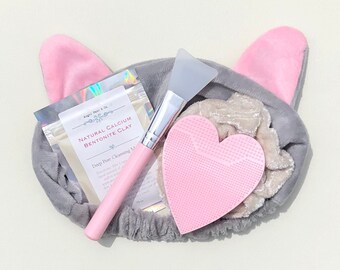 Spa Facial Kit - Gray Kitty Cat Headband and Deep Pore Cleansing Clay Mask, Pink Heart Face Scrubber, Applicator Brush, Scrunchie