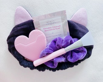 Black Cat Ear Spa Headband Facial Kit - Clay Mask, PINK Heart Face Scrubber, Applicator brush, and Scrunchie (choose color)