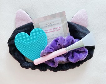 Kitty Cat Headband Facial Kit - Clay Mask, BLUE Heart Face Scrubber, Applicator Brush, and Scrunchie (choose a color)