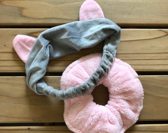 Gray Cat Ear Headband and Microfiber Absorbent Scrunchie