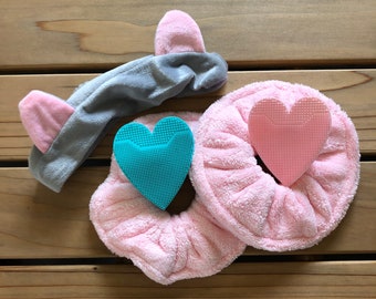 Gray Cat Ear Headband, 2 Microfiber Absorbent Scrunchies, and 2 Heart Shaped Silicone Face Scrubber Brushes