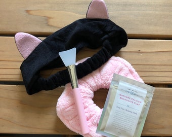 Spa Facial Kit- Black Cat Headband, Microfiber Towel Absorbent Scrunchie, Clay Mask, and Applicator Brush