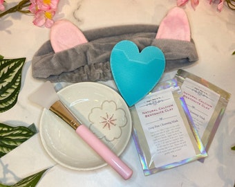 Spa Facial Kit- Gray Cat Headband, 2 Clay Masks, Mini Mixing Bowl, 1 BLUE Heart Face Scrubber, and Applicator Brush