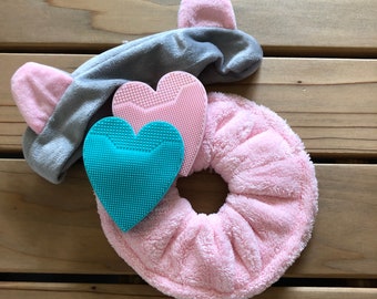 Gray Cat Ear Headband, 1 Microfiber Absorbent Scrunchie, and 2 Heart Shaped Silicone Face Scrubber Brushes