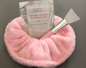 Pure Natural Calcium Bentonite Clay Powder, Pink Applicator Brush, and Microfiber Absorbent Pink Hair Drying Scrunchie