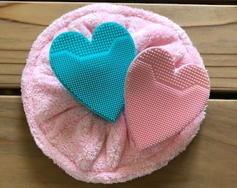 Microfiber Absorbent Pink Towel Scrunchie and Two Silicone Face Scrubber Brushes, Heart Shaped, Pink and Blue
