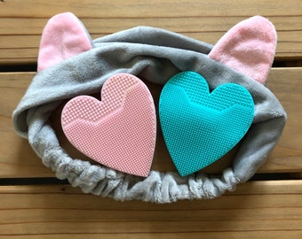 Gray Cat Ear Headband and Heart Shaped Silicone Face Scrubber Brushes