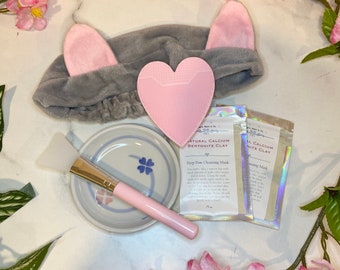 Spa Facial Kit- Gray Cat Headband, 2 Clay Masks, Mini Mixing Bowl, 1 PINK Heart Face Scrubber, and Applicator Brush