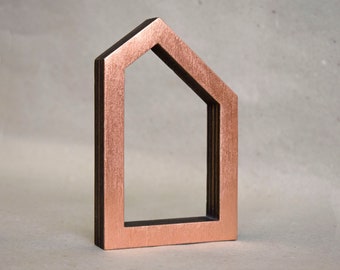Copper House 4 - gilded lasercut plywood sculpture, by Susan Laughton. Gilding on one side, bare wood on reverse.