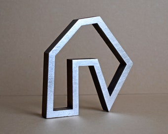 Silver Abstract House 7 - gilded lasercut plywood sculpture, by Susan Laughton. Gilding on one side, bare wood on reverse.