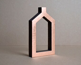 Copper House 6 - gilded lasercut plywood sculpture, by Susan Laughton. Gilding on one side, bare wood on reverse.