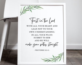 Proverbs 3:5-6 Trust In the Lord Printable Bible Verse Wall Art, Greenery Christian Wall Poster, Scripture Decor, Digital Instant Downloads