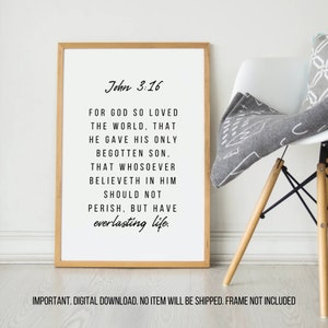 John 3:16 For God So Loved The World Wall Art Print, Printable Bible Verse, Scripture Wall Art Decor Christian Home, Popular Bible Verses image 1