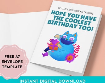 Cute Cat Printable Birthday Card For Daughter or Son, Have The Coolest Birthday, DIY Instant Download, Cut and Fold Birthday Card For Kids