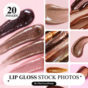20 stalen foto's bruine lipgloss, stockfoto's, stockfoto's Kleurstaal Aesthetic Product Shot Display, beauty-voorraadfoto's voor cosmeticawebsite