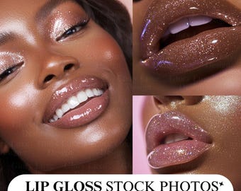 May include: Three close-up photos of lips wearing different shades of glittery lip gloss. The lip glosses are clear, brown, and pink.