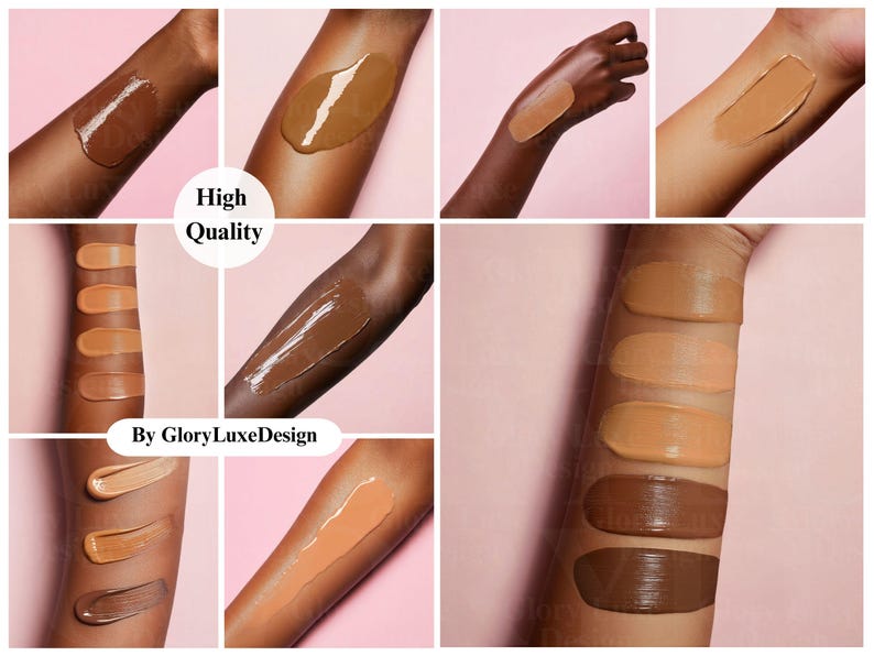 May include: A collage of images showing different shades of foundation on a person's arm. The shades range from light to dark. The text "High Quality" is visible in the image. The text "By GloryLuxeDesign" is also visible in the image.