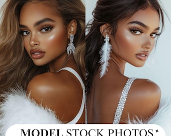 Elegant African American Model Stock Photos: White Fur Dress (Digital Download)