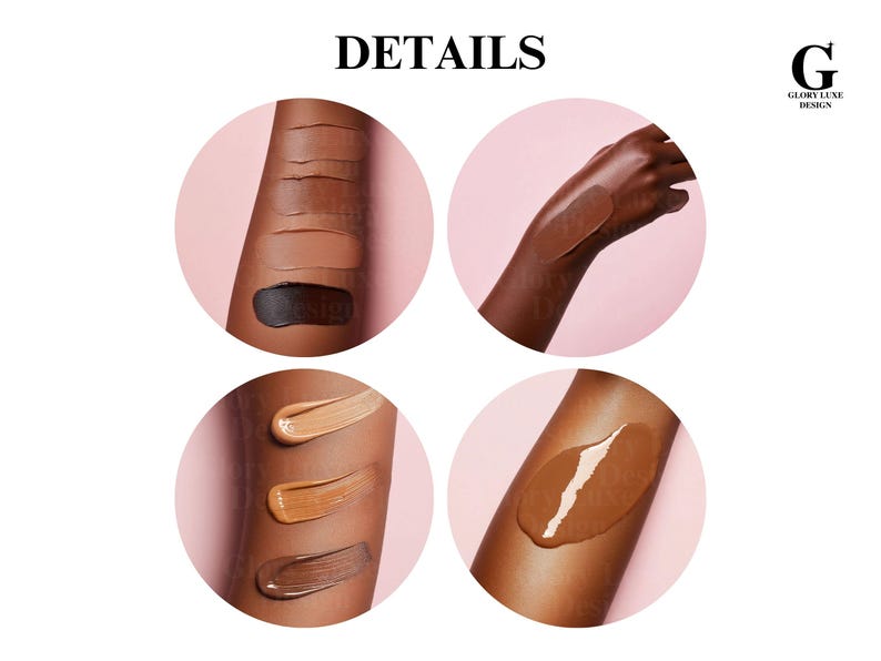 May include: Four swatches of foundation on a person's arm, showing different shades of brown. The swatches are arranged in a vertical line, with the darkest shade at the bottom and the lightest shade at the top. The person's arm is on a pink background.