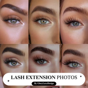 May include: Close-up of six different eyes with eyelash extensions. The eyes are all closed and the lashes are long and full. The image is captioned "LASH EXTENSION PHOTOS By GloryLuxeDesign".
