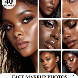 Puede incluir: Un collage de imágenes que muestran maquillaje facial. Las imágenes presentan a mujeres con varios estilos de maquillaje, incluyendo sombra de ojos, lápiz labial y resaltado. El texto "40 IMAGES" está en la esquina superior izquierda. Las palabras "FACE MAKEUP PHOTOS" están en la parte inferior.