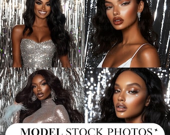 Glamorous African American Model Stock Photos: Silver & White Dresses (Digital Download)