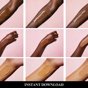 May include: Nine close-up images of a person's arm with different shades of foundation applied to the skin.