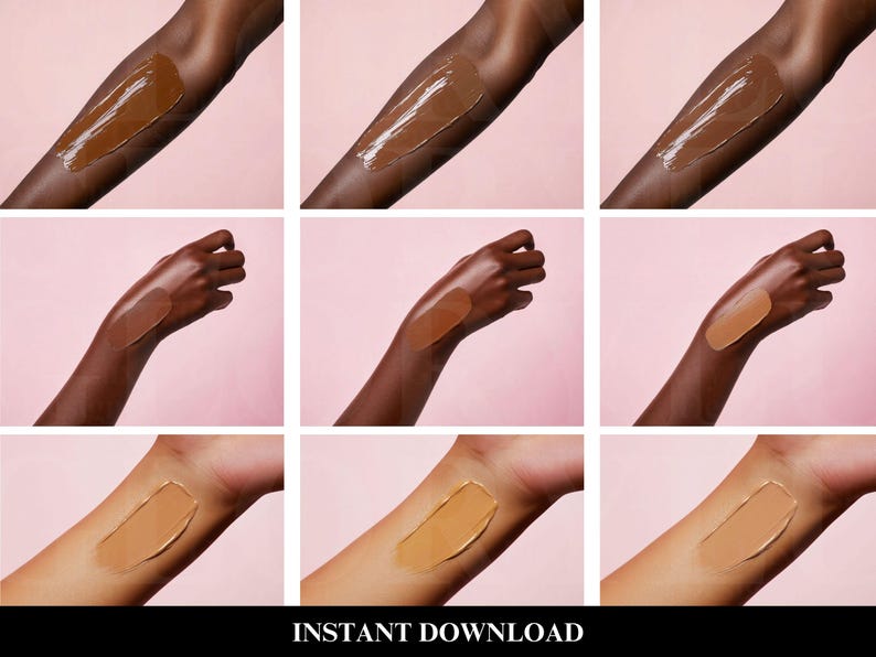 May include: Nine close-up images of a person's arm with different shades of foundation applied to the skin.